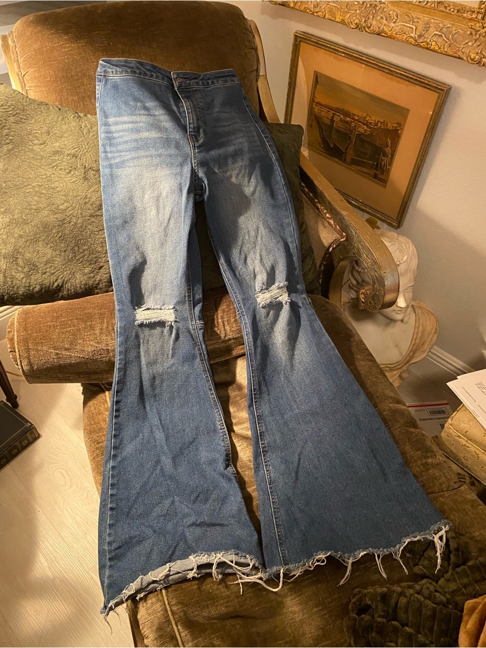 Vanilla Star Blue Distressed Flare Jeans with Raw Hem